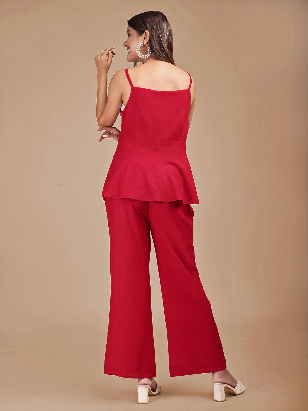 Red Colored Contrast Embroidered Stylized Sleeveless Rayon Co-ord Set